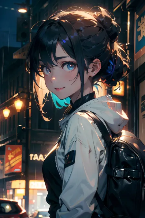 a 20 yo woman、Black blue Hair、poneyTail、Bun hair、Big smile、iridescent eye op fade:1.3)、dark themed、Muted Tones、Subdued Color、highly contrast、qipao dress、(natural skin textures、Hyper-Realism、Soft light、sharp)、1girl, jacket, rain, outdoor, hoodie, open jacke...