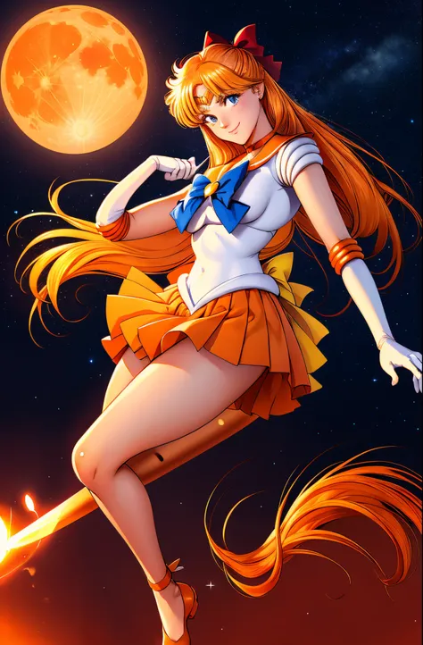 masutepiece, Best Quality, hight resolution, SV1, Sailor Senshi Uniform, Orange skirt, elbow groves, tiarra, Pleated skirt, Miniskirt, Red bow, orangechoker, White Gloves, Jewelry, Starry sky, badass pose, slight smile, Portrait, floating, Moon, Upper body