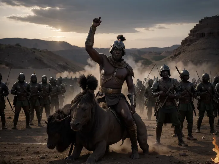 In this intriguing image, we see a huge black war general from a Bantu tribe, his torso covered in battle scars, fierce and determined, positioned on the front line, ready to lead his huge black army into battle against the opposing forces. The generals co...