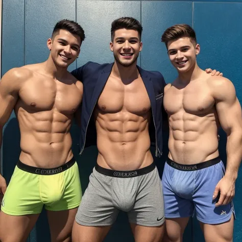 3 handsome young teenagers, que se les vean los boxers, de pie, musculosos, que se les vean obligatoriamente la cara y que tengan un bulto gigantesco y largo en la entrepierna. que esten sonriendo.