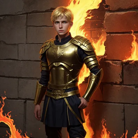 Young blonde roman Soldier. Hes standing in front of a wall of flames. He has a skinny body. He is skinny.