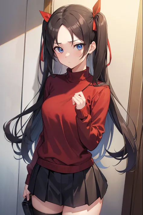 Rin Tohsaka, Tohsaka Kyochou, aqua eye hair loss:1.5), Hair Ribbon, Long hair, bow ribbon, side locks, two side up, (Parted bangs:1.5),
Blake Black Skirt, black thighhighs, Long sleeves, Miniskirt, Pleated skirt, (Red Sweater:1.5), Skirt, Sweaters, thighs ...