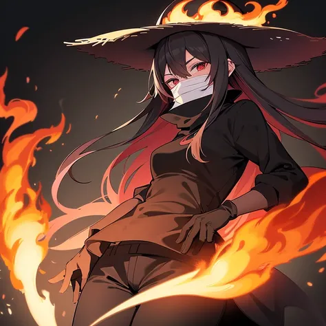 One medium size anime girl holding a spear that  engulfed in flames wearing a straw hat and wear a black mask covering her mouth and nose and wearing black gloves and black shirt with red outlines and long black pants look smug with fire surrounding her