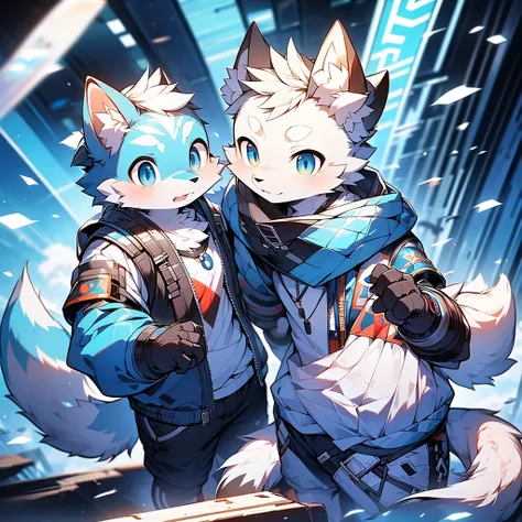 tmasterpiece，Best quality，male people，独奏，A white fox，young，独奏，adolable，There  a slight flush on the cheeks，cyber punk style，Wearing a blue jacket and white shorts，Armed，face to the viewer。