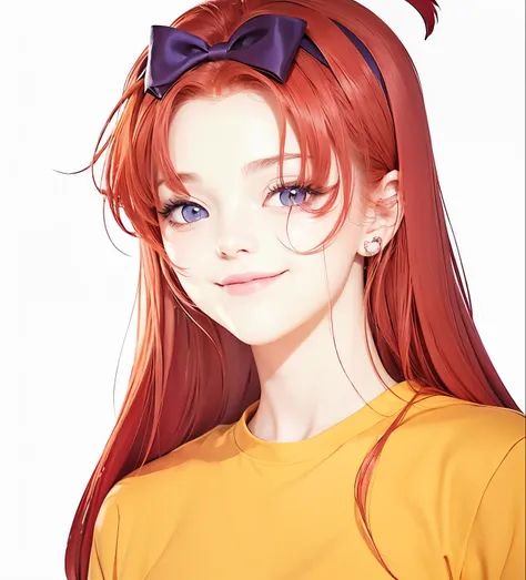 A girl with realistic long red hair, (same realistic hairstyle), realistic purple ribbon hair clip, realistic pretty+cute face, realistic smiling expression, realistic yellow t-shirt,realistic light, realistic shadows, realistic background, good image qual...