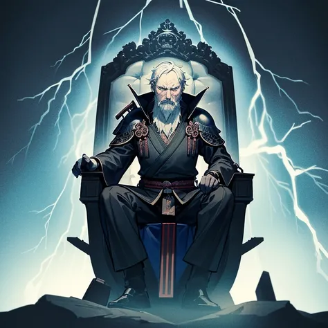 Old man wearing a black samurai armor with blue outlines meditating on a throne with his eyes closed during a violent lightning storm