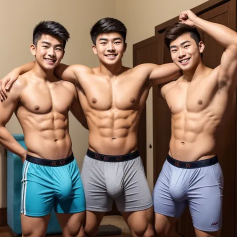 3 young and handsome Asian teenagers, que se les ven los boxers, de pie, musculosos, that you should see their faces and that they have a very large and long bulge in their crotch. que esten sonriendo.