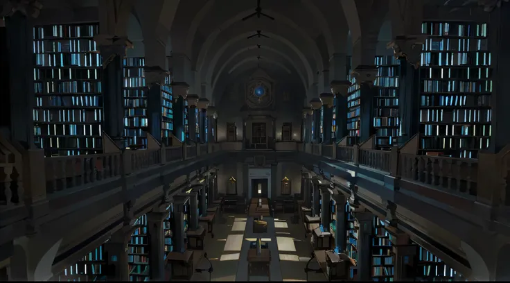 hay una gran sala con un reloj y un largo pasillo, gothic epic library concept, futuristic cameras, Biblioteca infinita, Epic Gothic Library, Vasta biblioteca, Fondo interior de la biblioteca, Biblioteca oscura, Antecedentes de la biblioteca, gloomy librar...