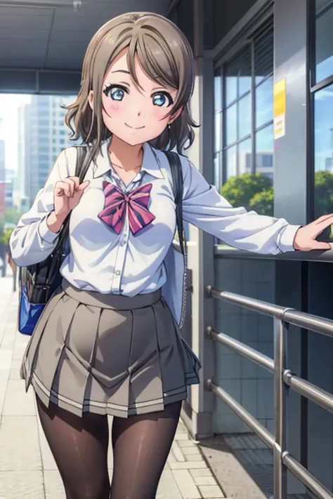 (((pixel perfect, Detail Perfect))), Bad Hand，Well-formed five-finger，Solo, 1girl in, Watanabe, uranohoshi school uniform, bowtie, Looking at Viewer, Smile，Black Pantyhose King