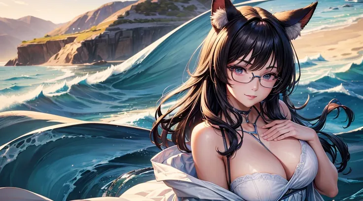 masterpiece, best)), (1girl), (mature woman), Charcoal hair, open-chest seduction, flared, (kemonomimi lady), bangs, medium breasts, glasses lady, (full), slim, smile, [wide hips], standing, 8K picture quality, sexy seduction, (open-chest) (Sharp focus: 1....