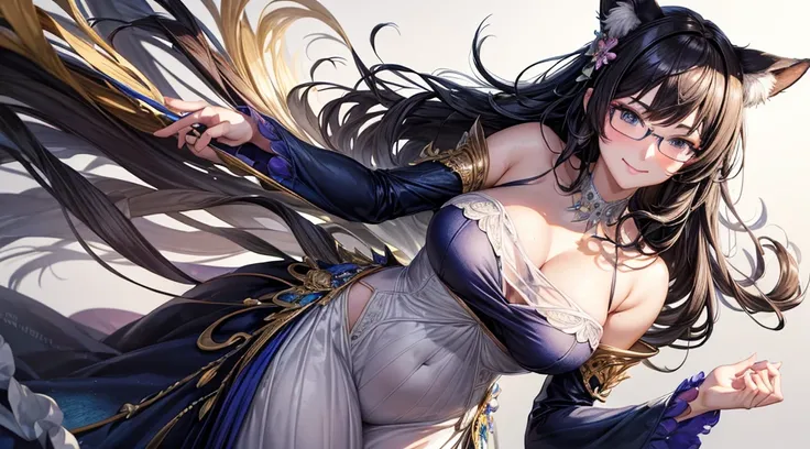 masterpiece, best)), (1girl), (mature woman), Charcoal hair, open-chest seduction, flared, (kemonomimi lady), bangs, medium breasts, glasses lady, (full), slim, smile, [wide hips], standing, 8K picture quality, sexy seduction, (open-chest) (Sharp focus: 1....