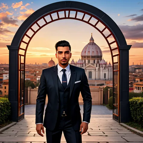 there is a man in a suit and tie standing in front of a gate, Dr. Zeus, inspirado em Ismail Acar, durante a noite, foto de perfil 1024px, Durante a Hora Dourada, arte oficial, during sunset, homem bonito, rome backdrop, Milan Jozing, Alex, Khyzyl Saleem, A...