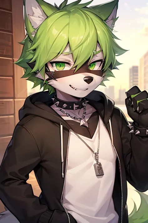 (((8K))), (((wolf))), ((spiky hair)), nose bandage, (((limegreen hair))), (black fur), boy, schoolboy, cute boy, cute, lime green eyes, black hoodie with lime green hood, ((long muzzle)), smiling, delinquent, handsome, very detailed, intricate detail, deta...