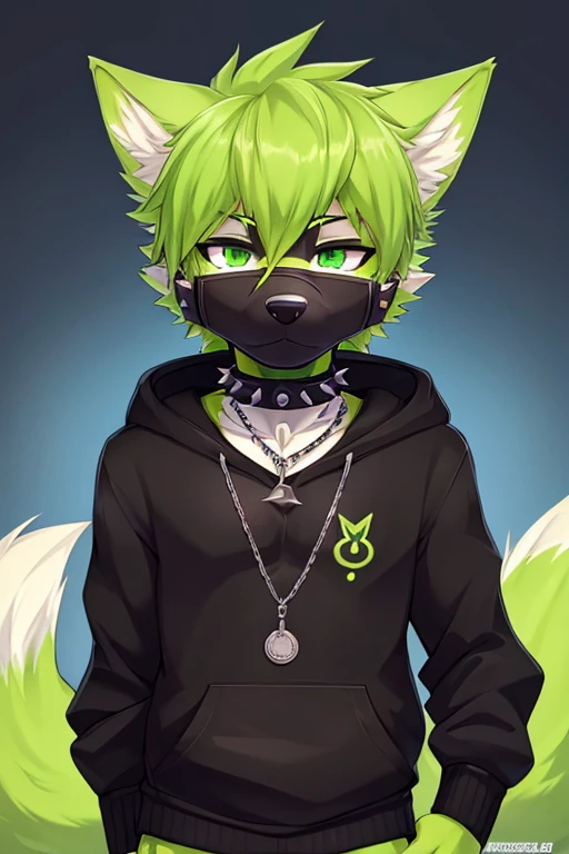 (((8K))), (((wolf))), ((spiky hair)), nose bandage, (((limegreen hair))), (black fur), boy, schoolboy, cute boy, cute, lime green eyes, black hoodie with lime green hood, ((long muzzle)), smiling, delinquent, handsome, very detailed, intricate detail, deta...