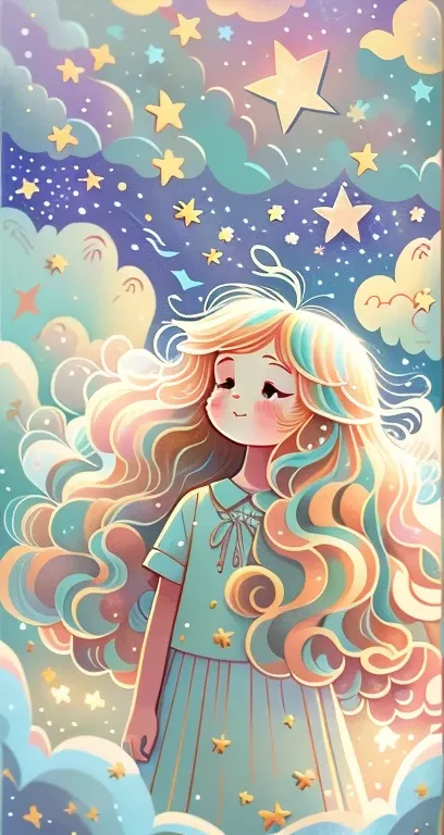 (best quality,4K,8K,highres,masterpiece:1.2), fluffy hair like clouds on a girl in the clouds, small stars, light-colored hair, in a dream, dreamy illustration, dreamy colors, childrens illustration style.