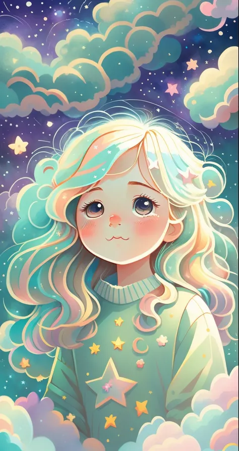 (best quality,4K,8K,highres,masterpiece:1.2), fluffy hair like clouds on a girl in the clouds, small stars, light-colored hair, in a dream, dreamy illustration, dreamy colors, childrens illustration style.