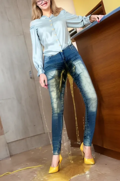 (wet clothes:1.4),  tall attractive 30 year old European woman, standing in an office, (((white skinny jeanlack high heelright lighting, ((show heels)),  shoulder length blonde hair, blue eyes, gold wire rim glasses, white blouse, inviting smile, carnal, (...