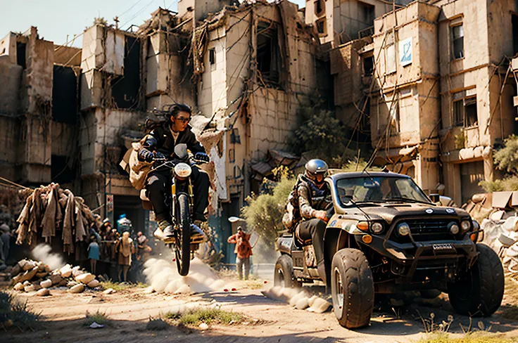 retrofuturism, dieselpunk, mad max, desert, monster trucks, attack, boarding, gunfire, many explosions, jump ahead, dust from wheels, sidecar motorcycles, high speed pursuit, many objects in frame, ultra detail overall, panoramic plan, epic battle,