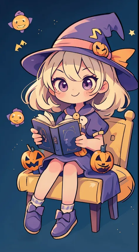 cute halloween theme、full body esbian、a smile、 the wand and the magic book、glamorous hat、halloween accessories、draw clothes butt...