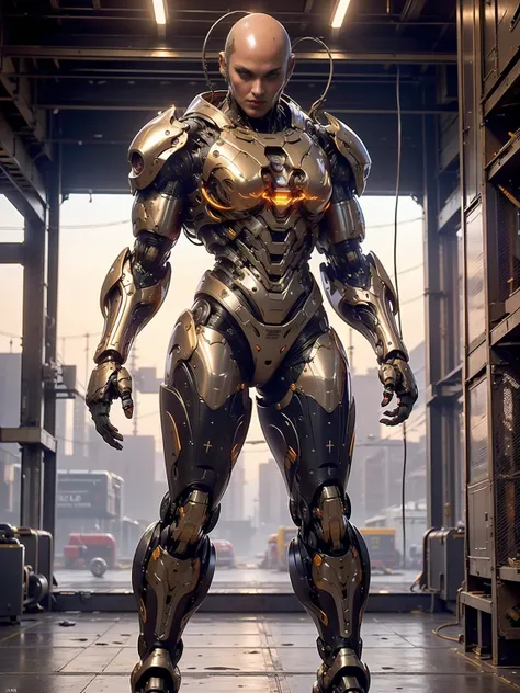 (beautiful muscular female cyborg:1.25), (megan-fox:1.5), (full body pose), (metallic muscular armor:1.5), (no hair), (bald head covered in cables:1.5), (robotic mechanical physique:1.5), (super muscular female cyborg:1.5), (covered in cables and mechanica...