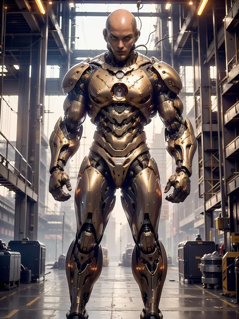 (beautiful muscular female cyborg:1.25), (megan-fox:1.5), (full body pose), (metallic muscular armor:1.5), (no hair), (bald head covered in cables:1.5), (robotic mechanical physique:1.5), (super muscular female cyborg:1.5), (covered in cables and mechanica...