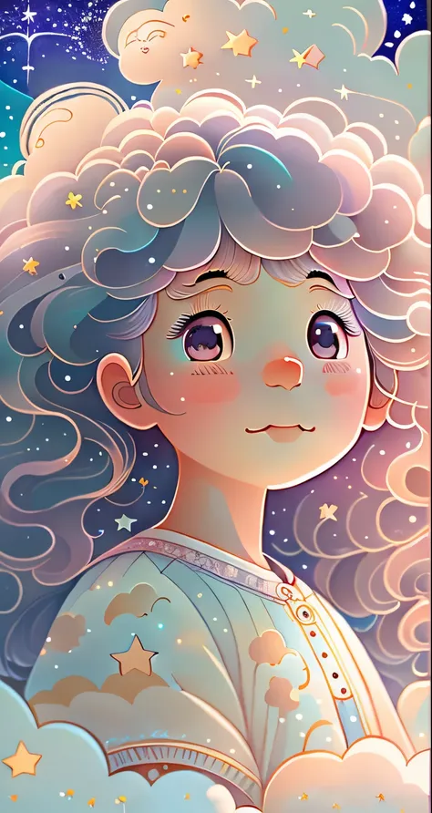 (Best quality,4K,8K,A high resolution,tmasterpiece:1.2), The girl in the clouds has hair as fluffy as clouds, tiny stars, light colors hair, In a dream, dream illustration, dream color, Childrens illustration style.