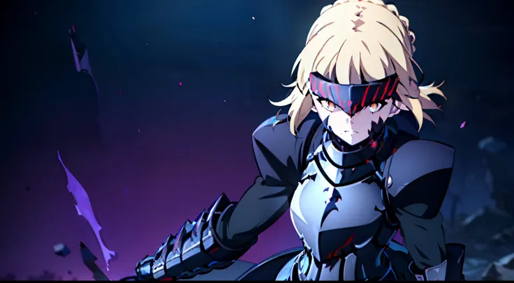 1girl, alter servant, solo, 8k, armor, black armor, ((body markings)), pale skin, weapon, dark persona, gauntlets, armored dress...