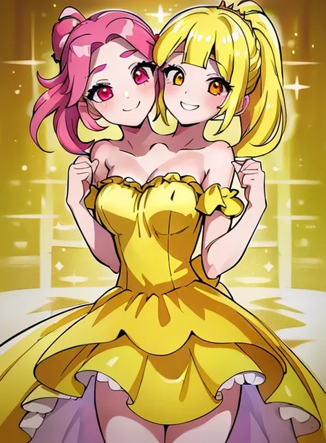 (best quality), (high quality), (detailed), (masterpiece), good artist, 1girl, (2heads:1.5), 1girl, smiling, yellow princess dress, princess, magenta eyes, different emotions, blonde hair, ponytail