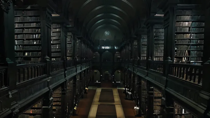 Panoramic view of a long library with a long row of books., Epic Gothic Library, Biblioteca oscura, gloomy library, gothic epic library concept, gothic library, Dark Academia Aesthetic, Antecedentes de la biblioteca, Biblioteca antigua, Vasta biblioteca, F...