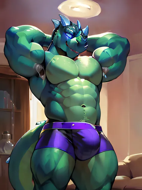 solo, male, (hyper muscular: 2), (extreme muscle: 2), (big bulge: 1.4),  (male anthro dragon):1.3, (standing tough flexing pose):1.3, (kemono:0.6), (bright pink boxer briefs), detailed eyes, large tail, hornust portrait)), (detailed eyes, blue eyes, glowin...