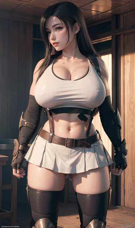 Unreal Engine 5 Realistic Render, (masterpiece, best quality), intricate detailest quality)), ((masterpiece)), ((realistic)), (hyperrealism:1.2), (fractal art:1.2), 
1girl, tifa lockhart original costume, white crop top, arm guards, fingerless gloves, susp...