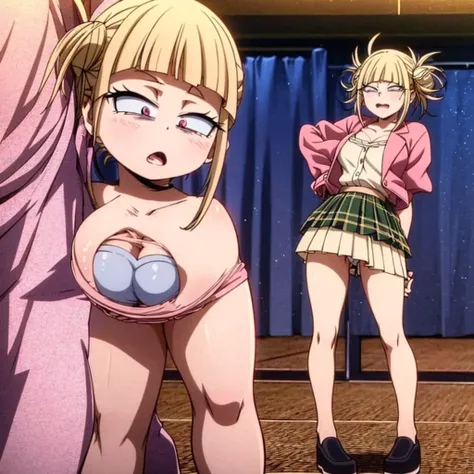 Himiko Toga was wearing her traditional Japanese school uniform, with the stunning plaid skirt. For an edgier touch, the skirt was a little shorter than usual, allowing a glimpse of her delicate panties. The fabric was soft and decorated with pink bows, co...