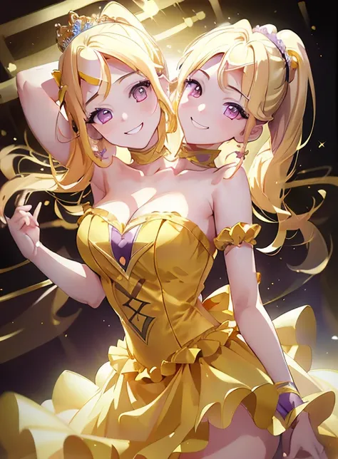 (best quality), (high quality), (detailed), (masterpiece), good artist, 1girl, (2heads:1.5), 1girl, smiling, yellow princess dress, princess, purple eyes, different emotions, blonde hair, ponytail, identical hair color, tiaras