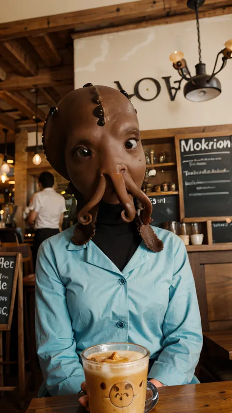 An anthropomorpic octopus working at a cafe