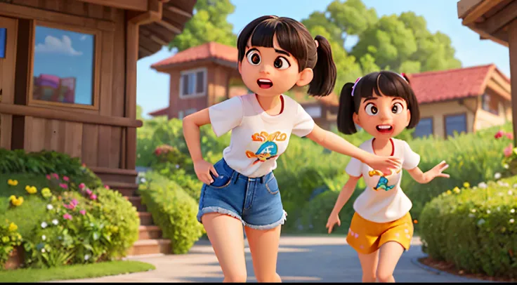 There are two girls wearing pieces in the Pixar style. The girl on the left has bangs in a black ponytail, and the girl on the right has bangs and hair that reaches around her shoulders and is wearing a white short-sleeved shirt.