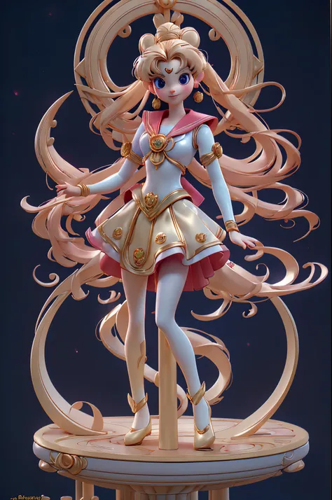 ((Sculpture design))，((((full body portrait of person))))，((undying))，((tmasterpiece))，Create a logo based on：((the sailor moon))，((Mariner Moon))， ((absurdly long golden hair))，((Double ponytail in gold))，((Parted bangalls in a bun))，((Red round hair acce...