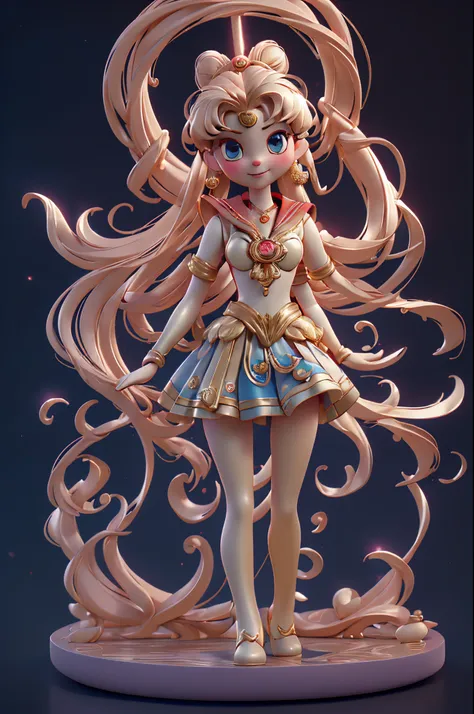 ((Sculpture design))，((((full body portrait of person))))，((undying))，((tmasterpiece))，Create a logo based on：((the sailor moon))，((Mariner Moon))， ((absurdly long golden hair))，((Double ponytail in gold))，((Parted bangalls in a bun))，((Red round hair acce...