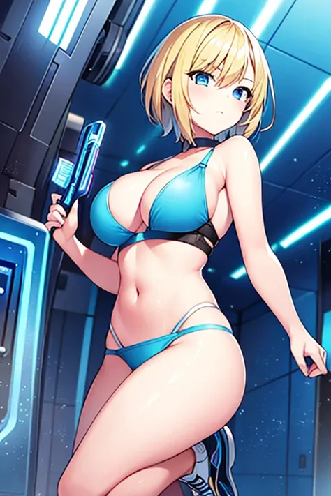 1girl, blonde hair, short hair, very short hair, blue eyes, bikini, shoes, sneakers, science-fiction, tech, futuristic, neon, machinery, neon trim, running, white bikini, blue neon trim, blue trim, large breasts, breasts,