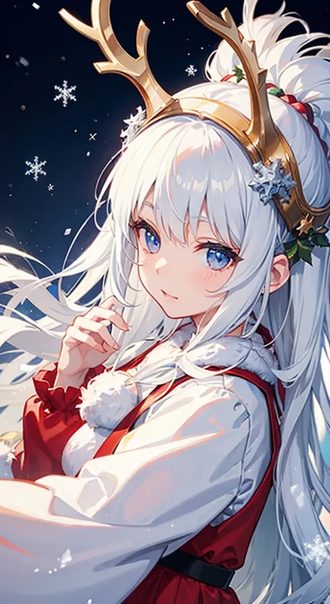 Snowflakes Gently falling snowflakes are a winter wonderland、(Full body portrait of cute silver-haired girl Santa Claus)、Reindeer Horn Headband "snowscape", Ghibli style