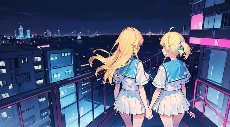 (back view of two girls, blonde hair, sailor suit, holding hands) , (blue cyberpunk building rooftop, blue neon)