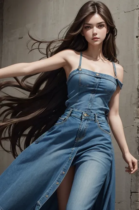 Masterpiece, Best Quality, 1 Girl, Brunette Hair, Bare Shoulders, Long Hair, Dress, Denim Shot, Dynamic Pose, Dynamic Angle,