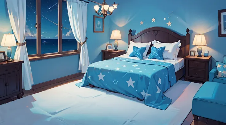 bedroom with sea view, star-shaped lighting, blue bed sheets, blue star-patterned curtains, night time, relaxation, beautiful scenery