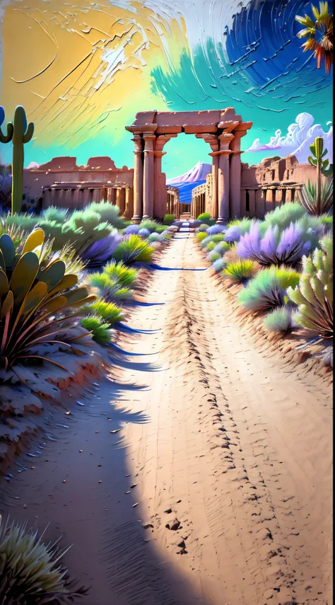 Create a high-resolution hyper-realistic image of a Ancient ruins in a desert in a Neo-Expressionism Impasto style. The style should be reminiscent of Metallic silver and gold with thick textured brushstrokes. . Use a wide-angle lens to capture the image. ...