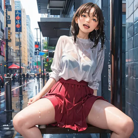 (anime background), a women, ((the wet shirt transparent and I can see the bra)), (blush), (detail panties are visible), long skirt, (climbing and straddling to hit her wet panties on the flat pole), ((ecstasy face)), slut, ((emphasize the shape of the bre...