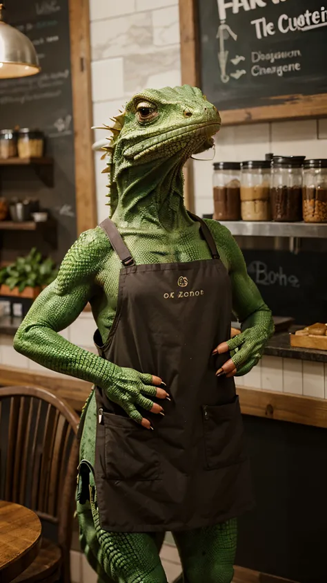 An anthropomorpic lizard wearing an apron working at a cafe