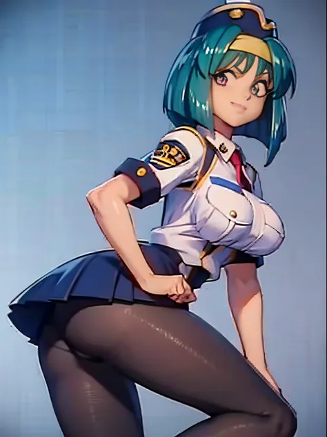 Masterpiece, ultra detailed, Beautiful Policewoman, green hair, perfect body with big breasts she  dressed in a uniform, miniskirt and purple pantyhose, 3dmm