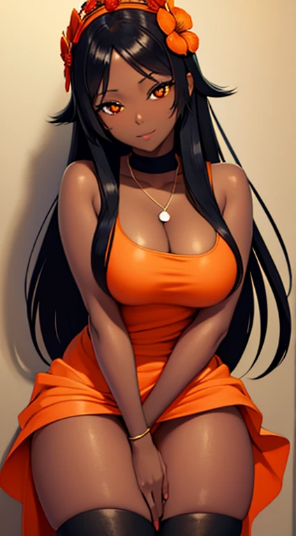 (masterpiece), best quality, expressive eyes, perfect face,black ebony skin,half naked, orange coloured sleeveless princess dress, perfect shaped body,long hair, black hair, orange eyes,big sized boobs, black skin, ultra realistic detailed orange eyes, lon...