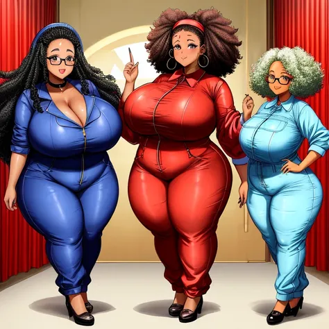 eye glass、afro、forehead、bbw、fatness、huge tit、Big ass、Jumpsuit、blue-collar worker、Brown skin、Full body view