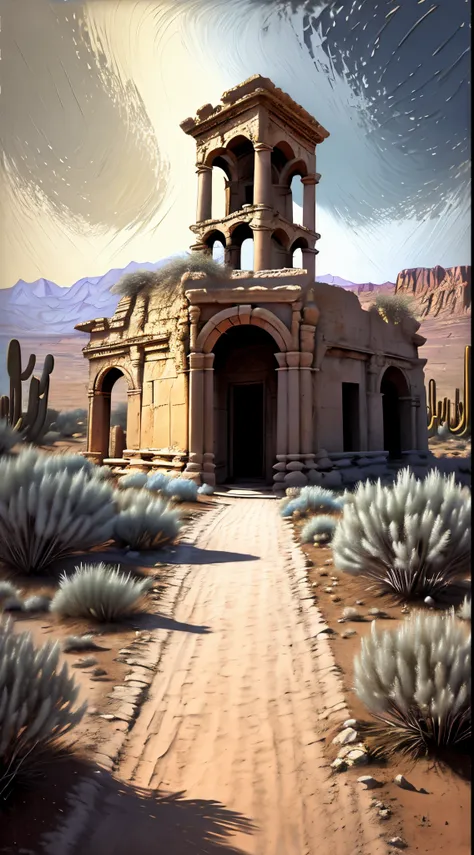 Create a high-resolution hyper-realistic image of a Ancient ruins in a desert in a Neo-Expressionism Impasto style. The style should be reminiscent of Metallic silver and gold with thick textured brushstrokes. . Use a wide-angle lens to capture the image. ...