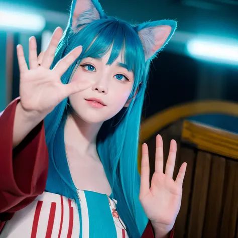 ember、cat ear、Blue-haired、odd eye、The human、Waving hands